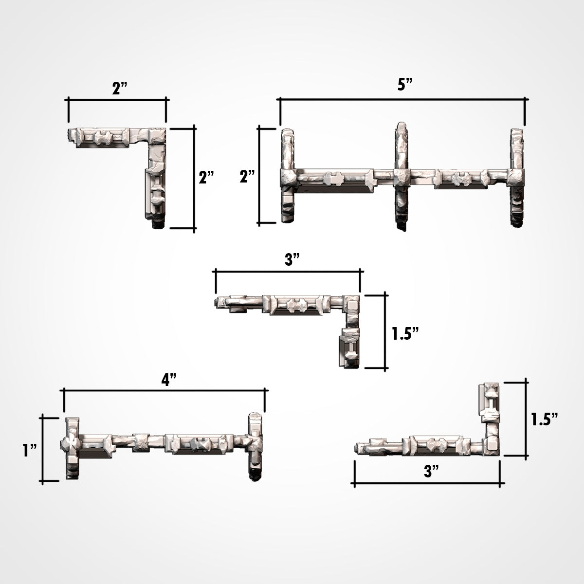 Rubble wall scatter set with dimensions, 1 to 5 inches