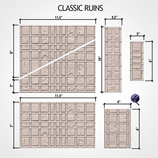 Exploded view: Classic Ruins building lifting off its matched layout footprint base