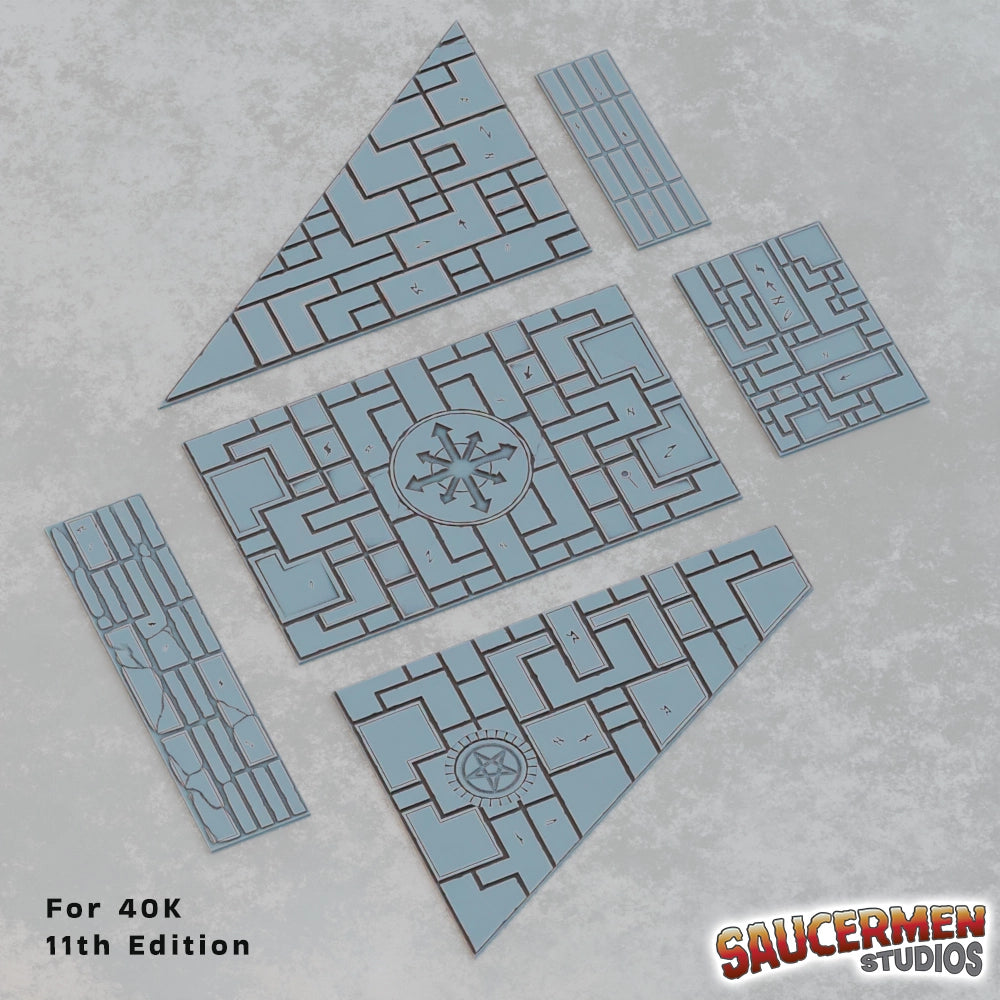 Cultist footprint templates set overview, runic floor tiles and ritual circles for tournament terrain