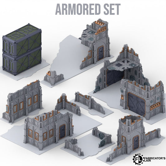 Foldable armoured ruins table configured with two-storey buildings only