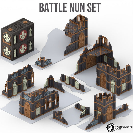 Foldable battle nun ruins table configured with two-storey buildings only