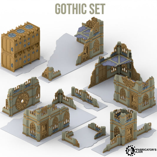 Foldable gothic ruins table configured with two-storey buildings only