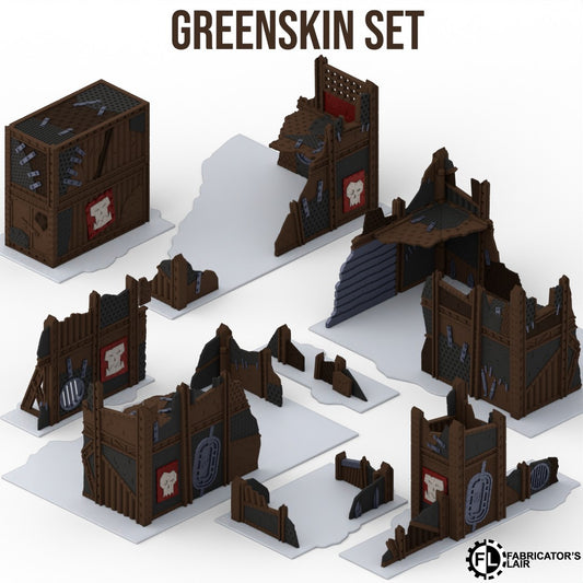 Foldable greenskin ruins table configured with two-storey buildings only