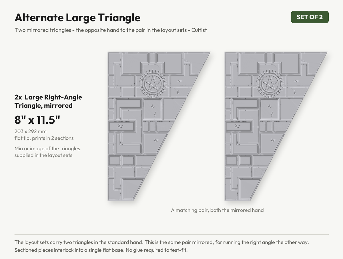 Alternate large right-angle triangle footprint, matching pair of mirrored flat-tipped 8 by 11.5 inch pieces, cultist theme