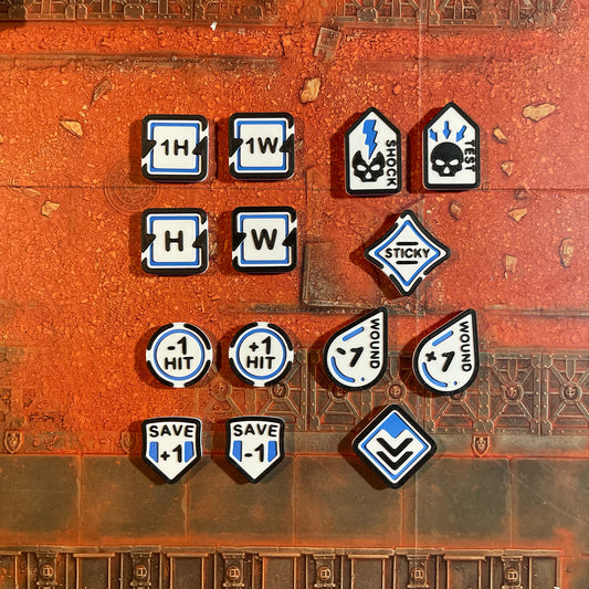 ttr-327-full-set: all sixteen reminder token types laid out, Blue accent on ivory and charcoal