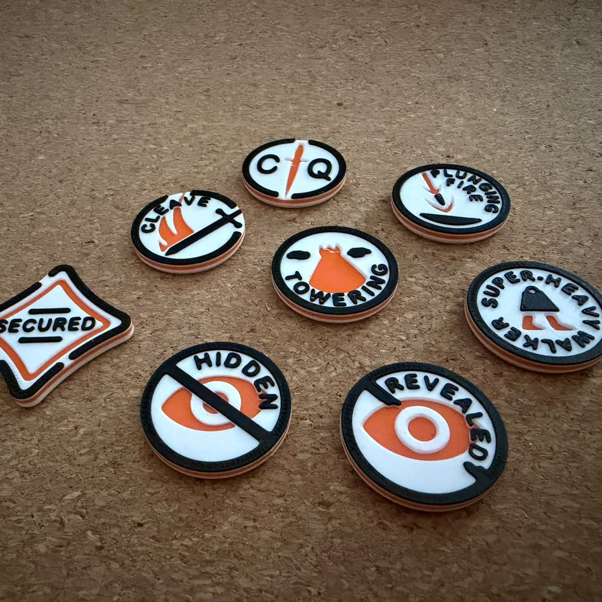 mw-382-tokens: Secured, Close Quarters, Cleave, Plunging Fire, Towering, Super-Heavy Walker, Hidden and Revealed tokens