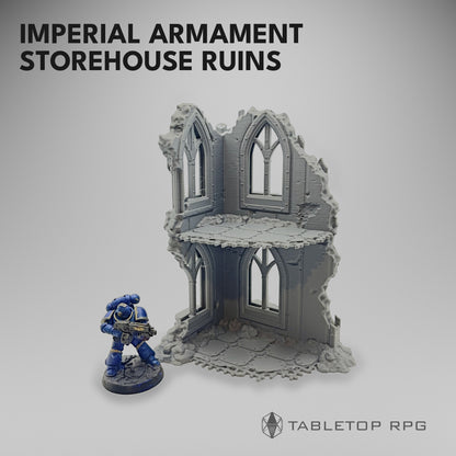 Imperial Armament Storehouse Ruins with a 32mm Space Marine for scale beside the two-storey corner