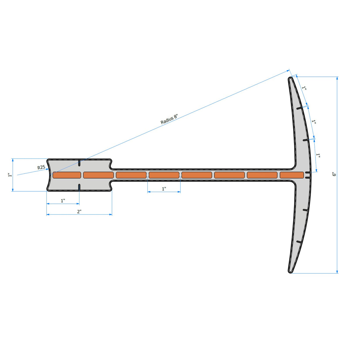 mw-382-ruler: universal ruler dimensions: 1 inch ticks, 8 inch radius arc