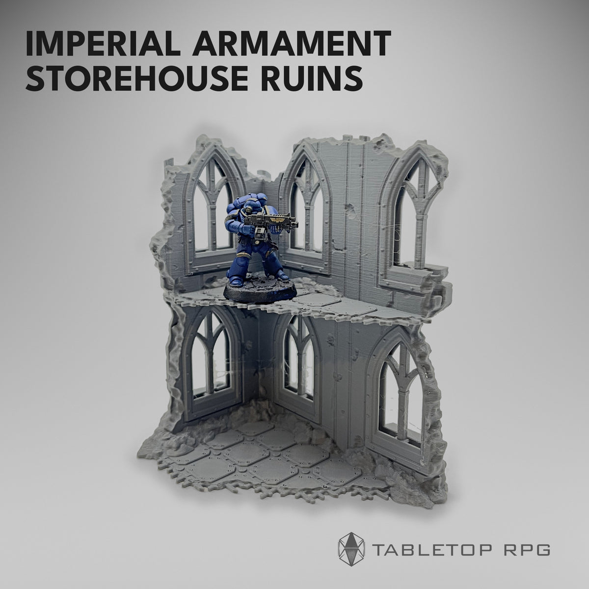 Imperial Armament Storehouse Ruins with a Space Marine standing on the upper floor