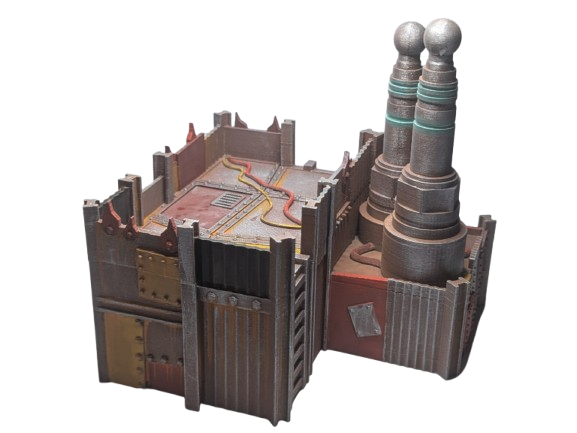 Model of a fortified structure with towers on a white background
