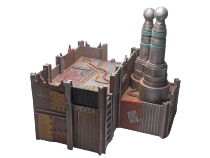 Model of a fortified structure with towers on a white background