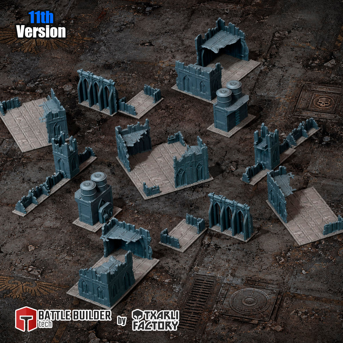 Classic Ruins 11th Edition full table with ruins anchored on the layout footprints