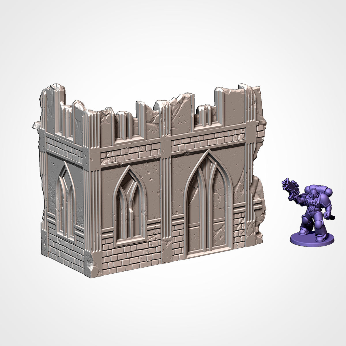 Ruined gothic chapel building with scale miniature