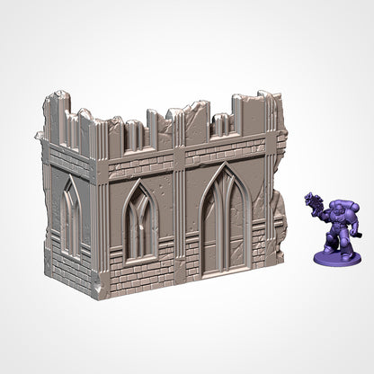 Ruined gothic chapel building with scale miniature