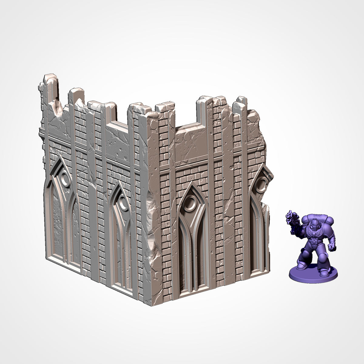 Gothic corner ruin with ocular windows and scale miniature