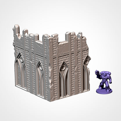 Gothic corner ruin with ocular windows and scale miniature