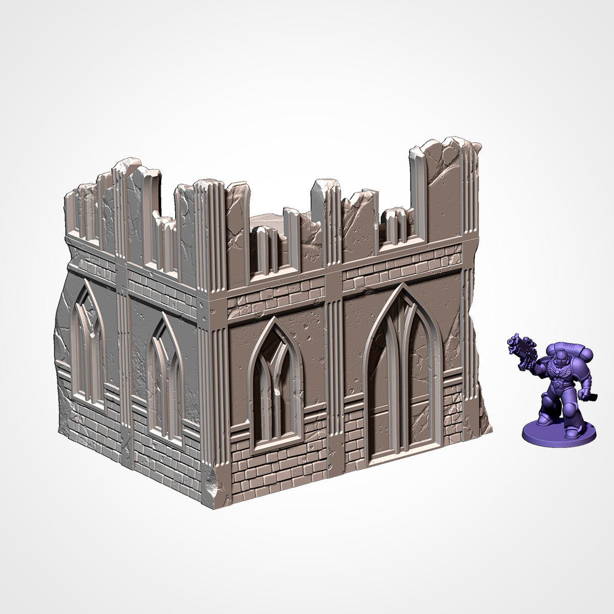 Large ruined gothic building with scale miniature