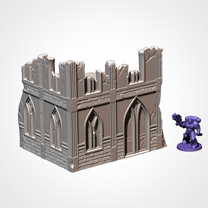Large ruined gothic building with scale miniature