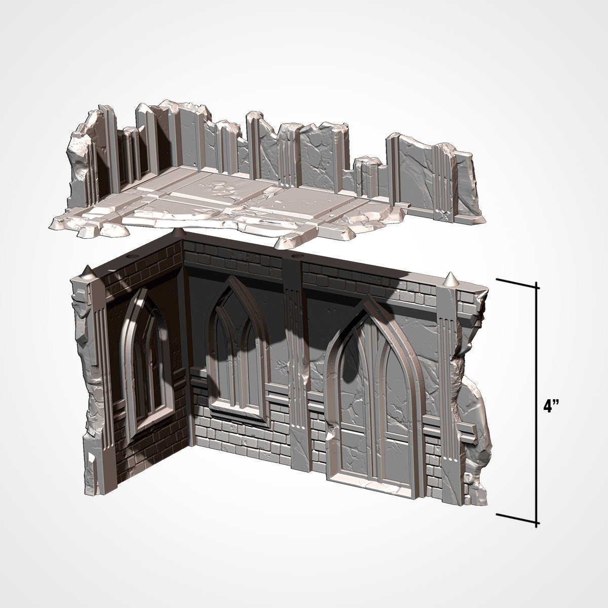 L-shaped ruin wall exploded view with floor platform, 4 inches tall
