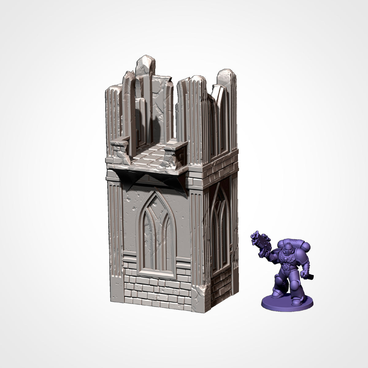 Ruined tower with multi-level firing platform and scale miniature