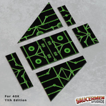 Ancient alien footprint templates set overview, mystic geometry etched into 40K tournament terrain bases