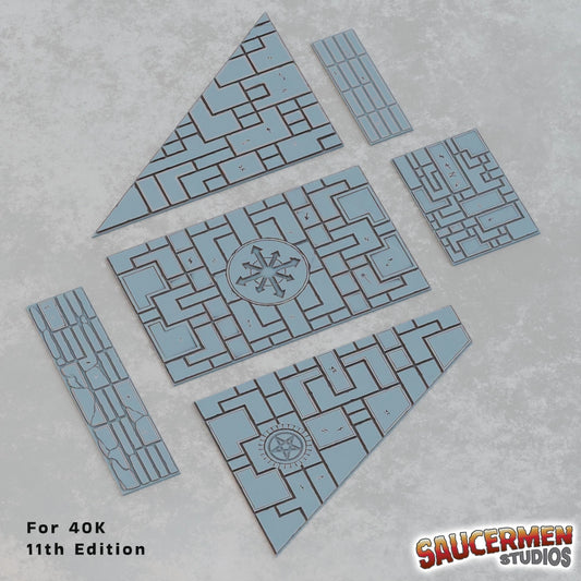 Cultist footprint templates set overview, runic floor tiles and ritual circles for tournament terrain