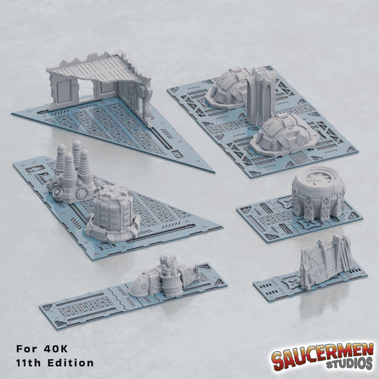 Industrial footprint templates set overview, grated flooring and pipe channels for 40K tournament terrain