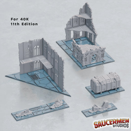 Ruins footprint templates set overview, cracked floor tiles and drainage grates for 40K tournament terrain