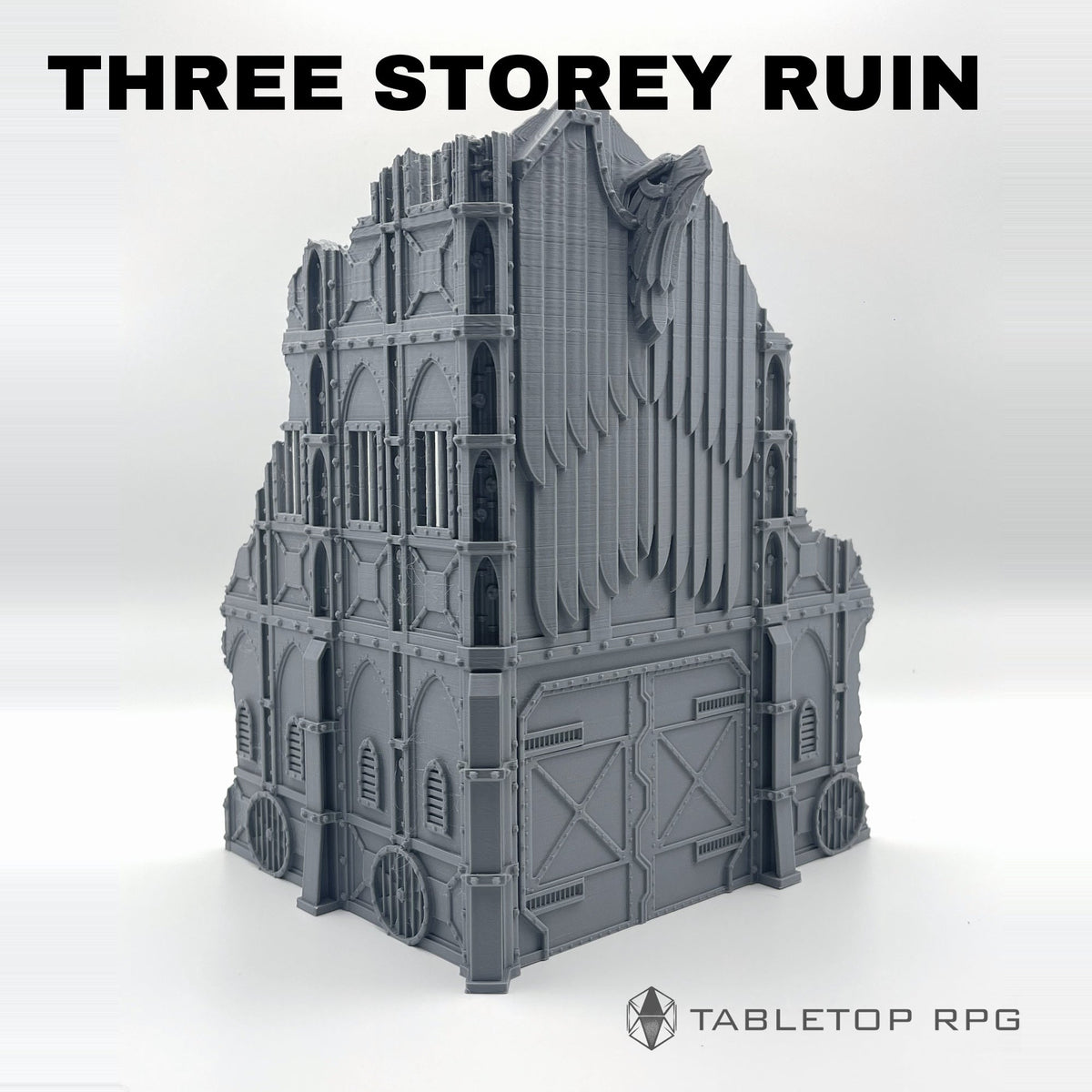 Armored ruins large three storey A, ribbed gable facade, unpainted grey