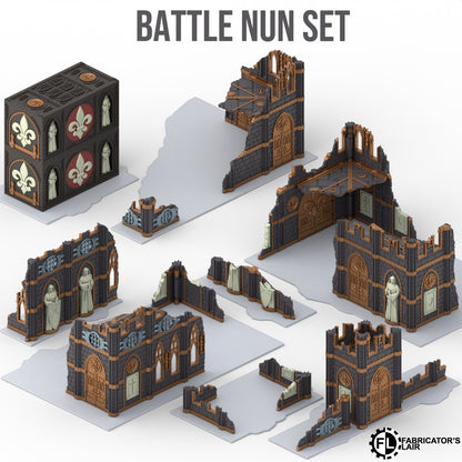 Foldable battle nun ruins table configured with two-storey buildings only