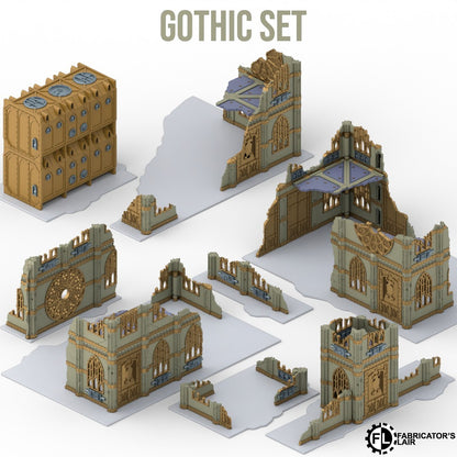 Foldable gothic ruins table configured with two-storey buildings only