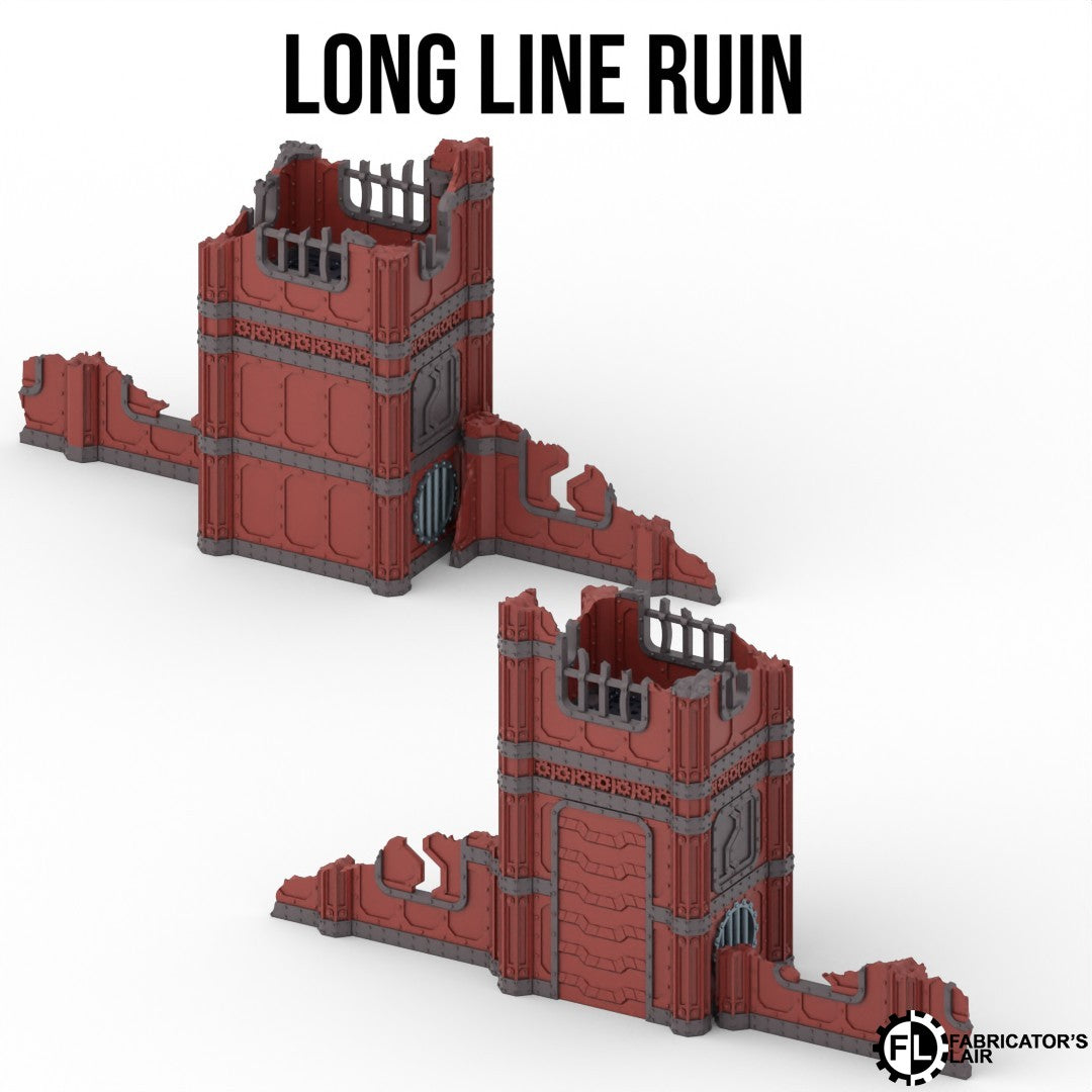 Long industrial ruins built from centre section and two end wings