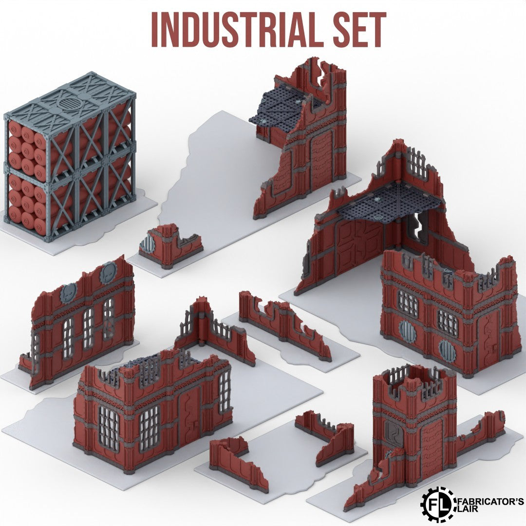 Foldable industrial ruins table configured with two-storey buildings only