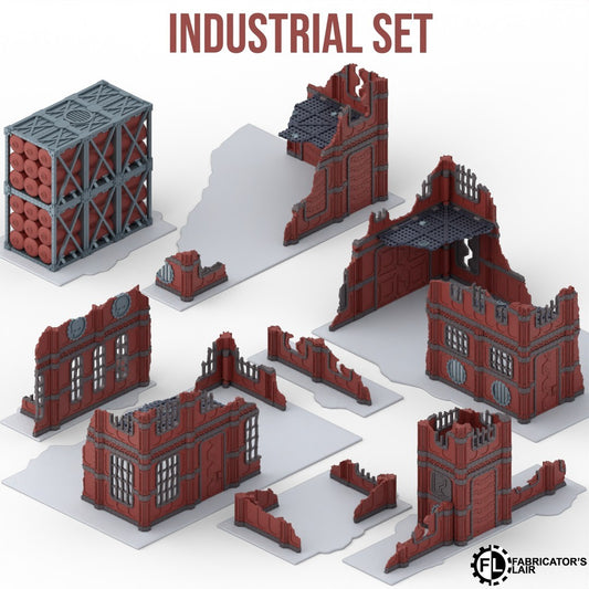 Foldable industrial ruins table configured with two-storey buildings only