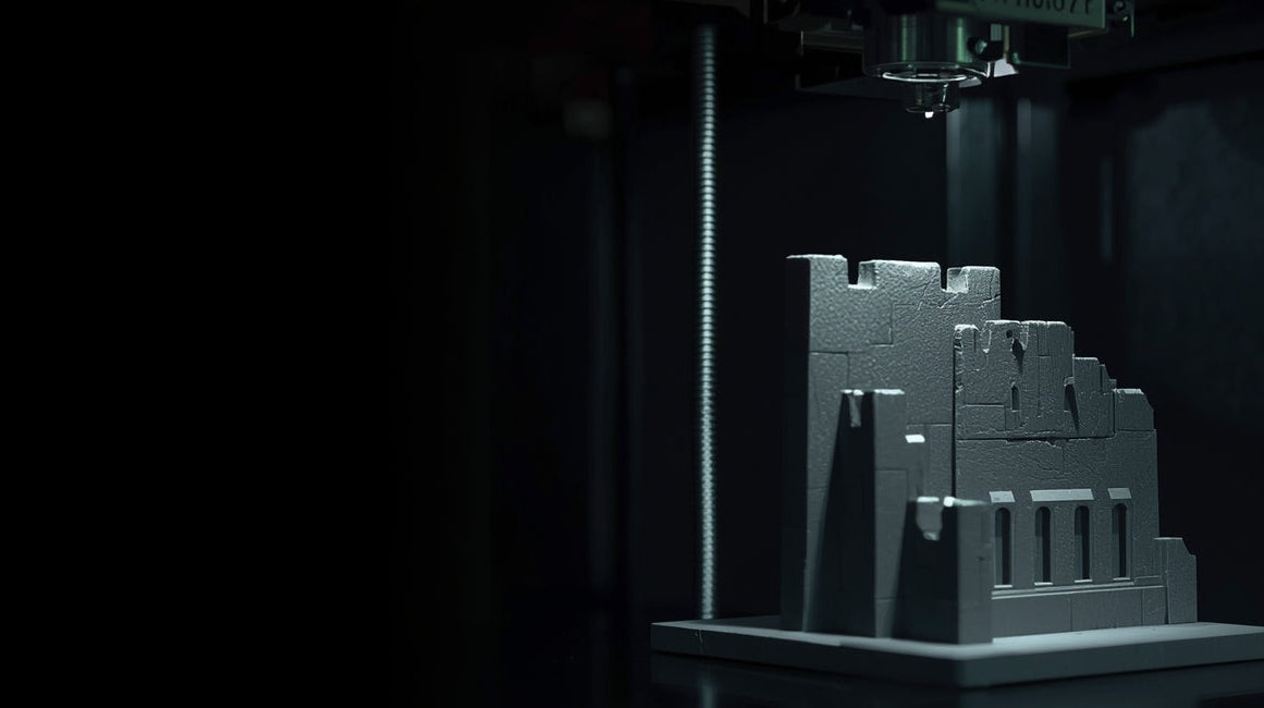 3D printer in action with a partially completed architectural model on a dark background