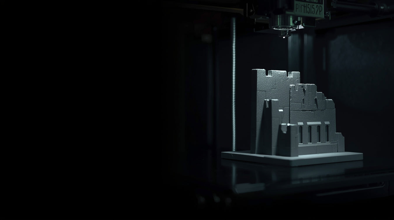 3D printer in action with a partially completed architectural model on a dark background