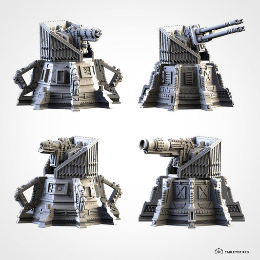 Defence Turret Emplacement range shot: gatling, twin autocannon, twin-barrel and heavy cannon configurations