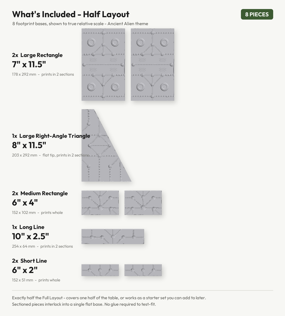 What's included in the half 8 piece ancient alien footprint layout, every base shown to true relative scale with dimensions
