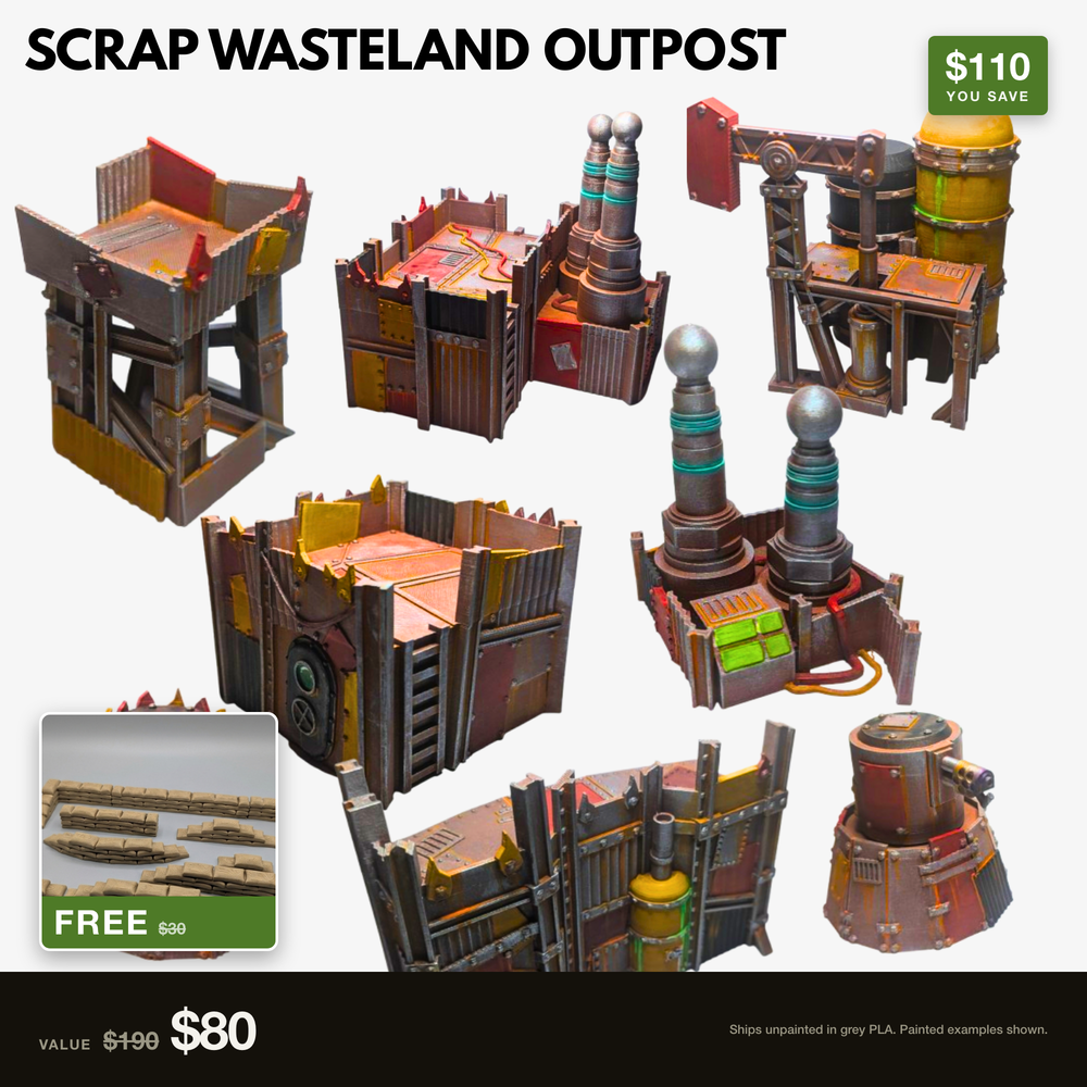 The Scrap Wasteland Outpost full set of 8 buildings, with the free Modular Sandbags shown alongside it. $190 of terrain for $80.