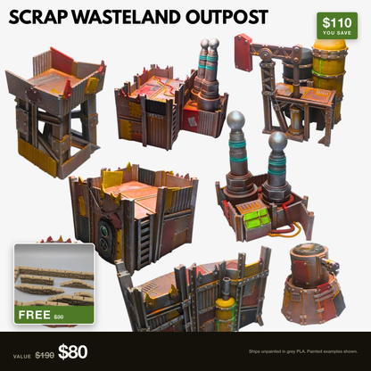 The Scrap Wasteland Outpost full set of 8 buildings, with the free Modular Sandbags shown alongside it. $190 of terrain for $80.