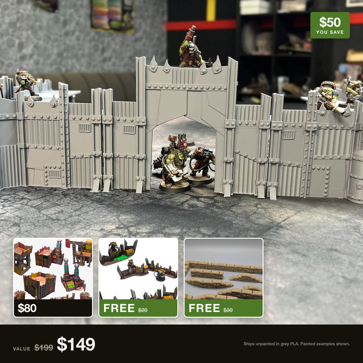 The Huuuuge Modular Scrap Fort set up as a walled compound with orks on the parapet, with the Scrap Wasteland Outpost and the free Scrap Barricades and Modular Sandbags shown alongside it. $199 of terrain for $149.