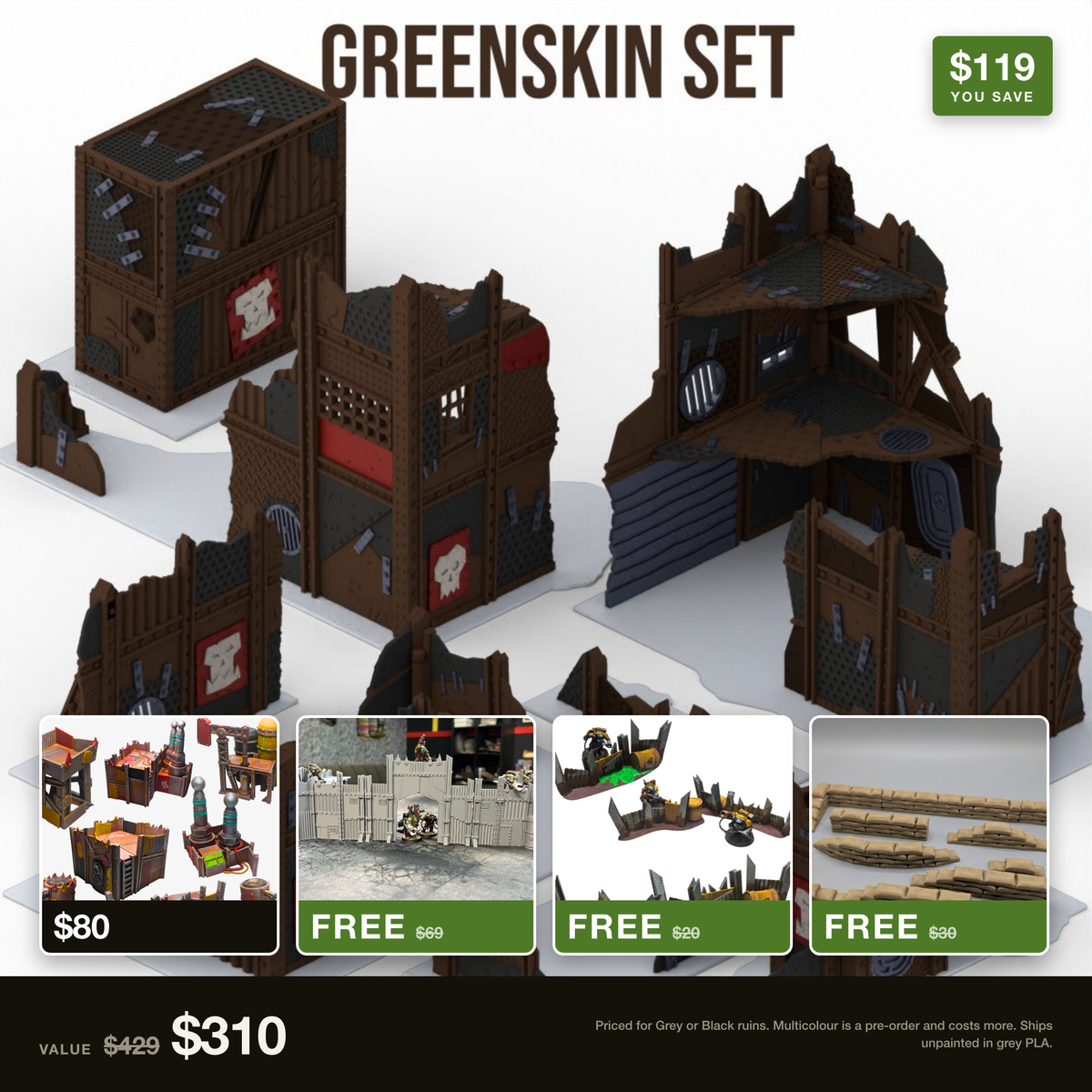 The full 30 piece foldable Greenskin ruins table, with the Scrap Wasteland Outpost and the free Scrap Fort, Scrap Barricades and Modular Sandbags shown alongside it. $429 of terrain for $310.