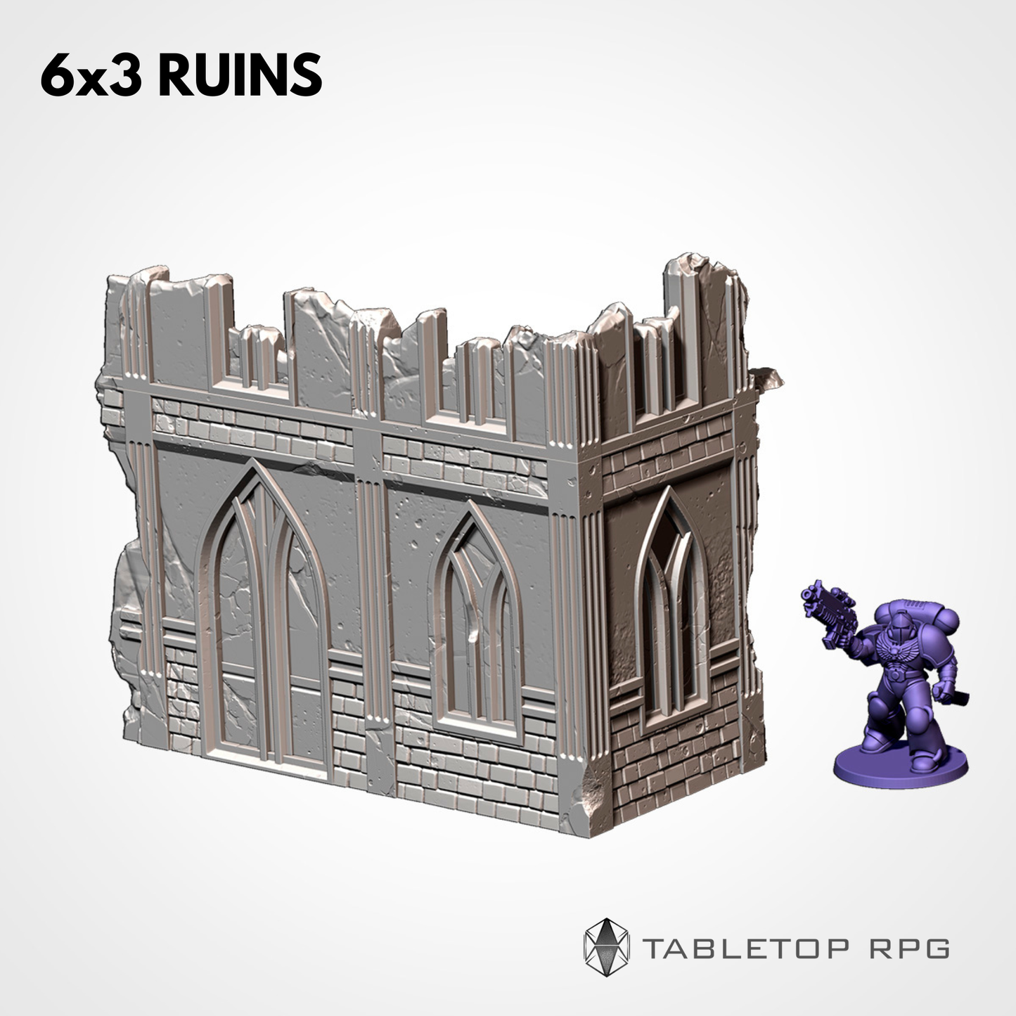 6x3 Ruins, two-storey gothic ruin with scale miniature