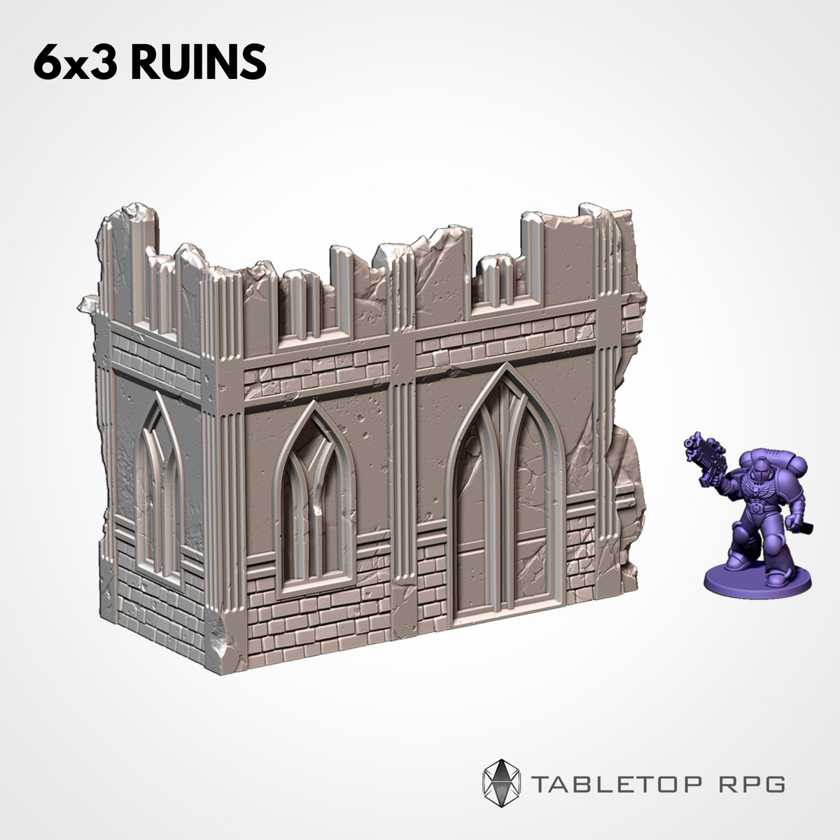 6x3 Ruins mirrored twin, two-storey gothic ruin with scale miniature