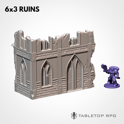 6x3 Ruins mirrored twin, two-storey gothic ruin with scale miniature