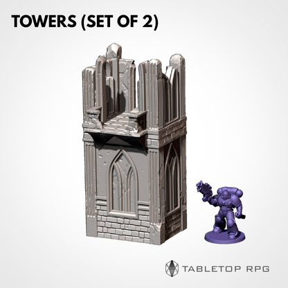 Towers set of 2, multi-level ruined tower with scale miniature