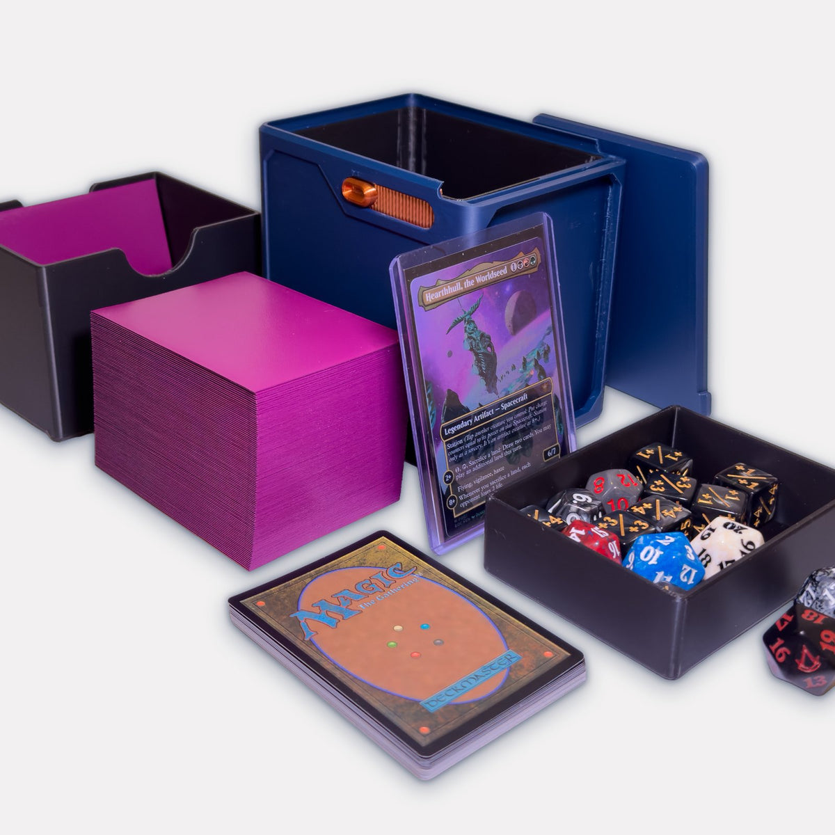 Lockable Commander deck box with its trays, deck, commander card and dice laid out