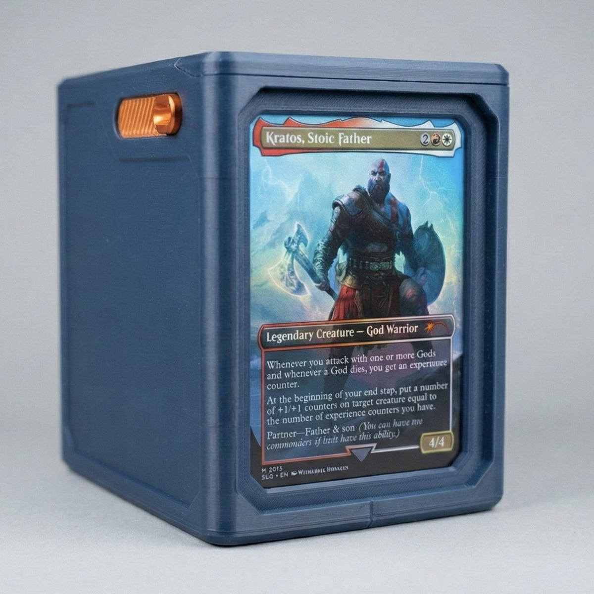 Deck box front display holding a commander card