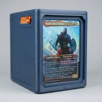 Deck box front display holding a commander card