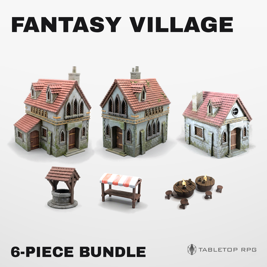 Fantasy Village Bundle: three houses, village well, market stand and lit tavern tables, 28-32mm terrain